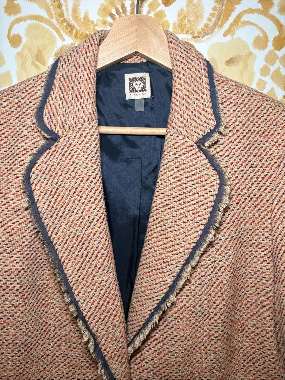 Anne Klein Tweed Blazer Jacket Pink Navy Trim Frayed Edge Career Preppy - Picture 7 of 14